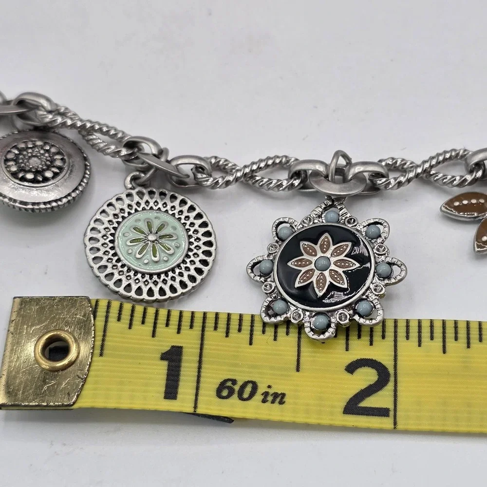 Lia Sophia Silver Tone Enamel Floral Charm Bracelet Green Brown Rhinestone 8.5in